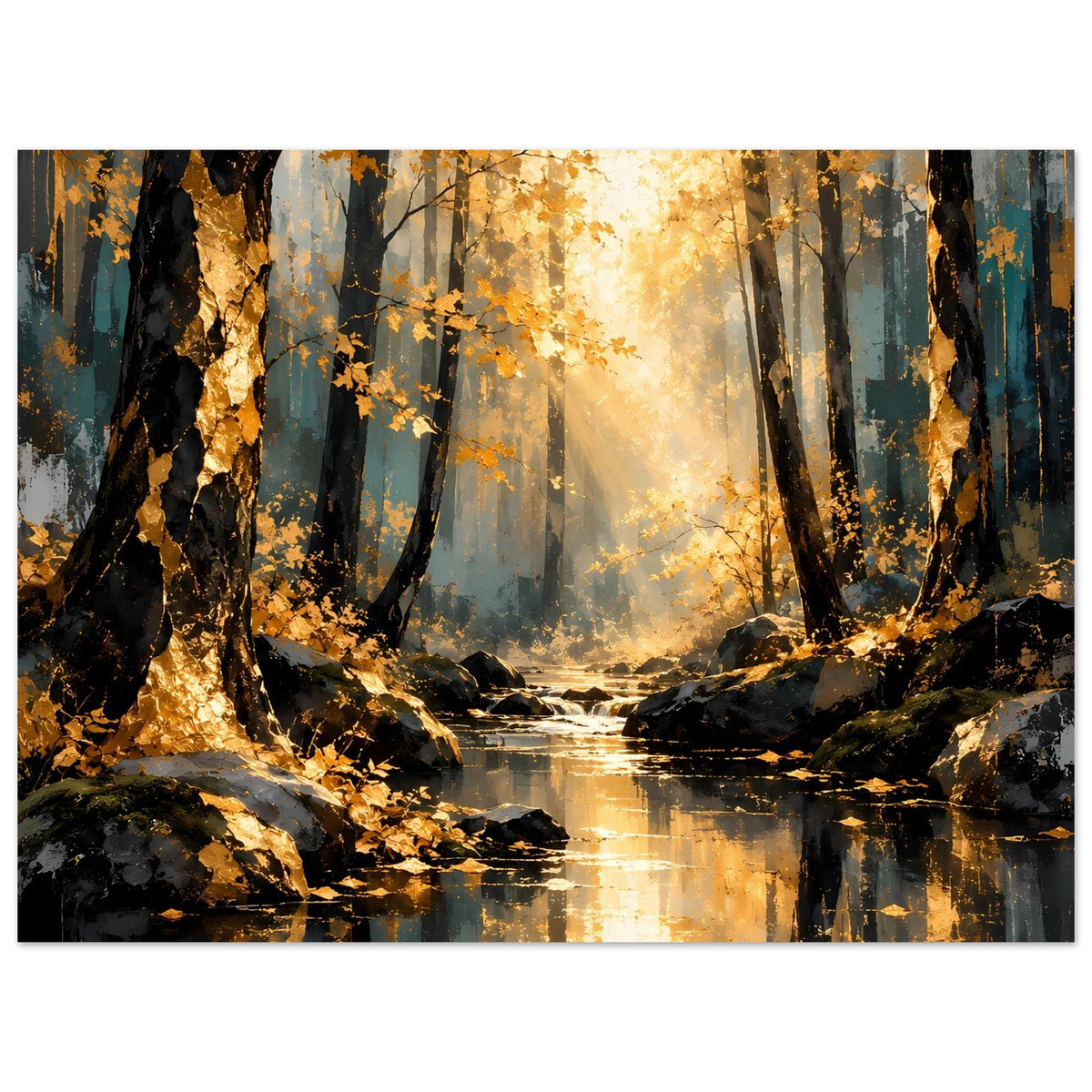 Horizontales Poster Herbstwald: dunkle Stämme, goldene Blätter und Fluss mit Reflexionen