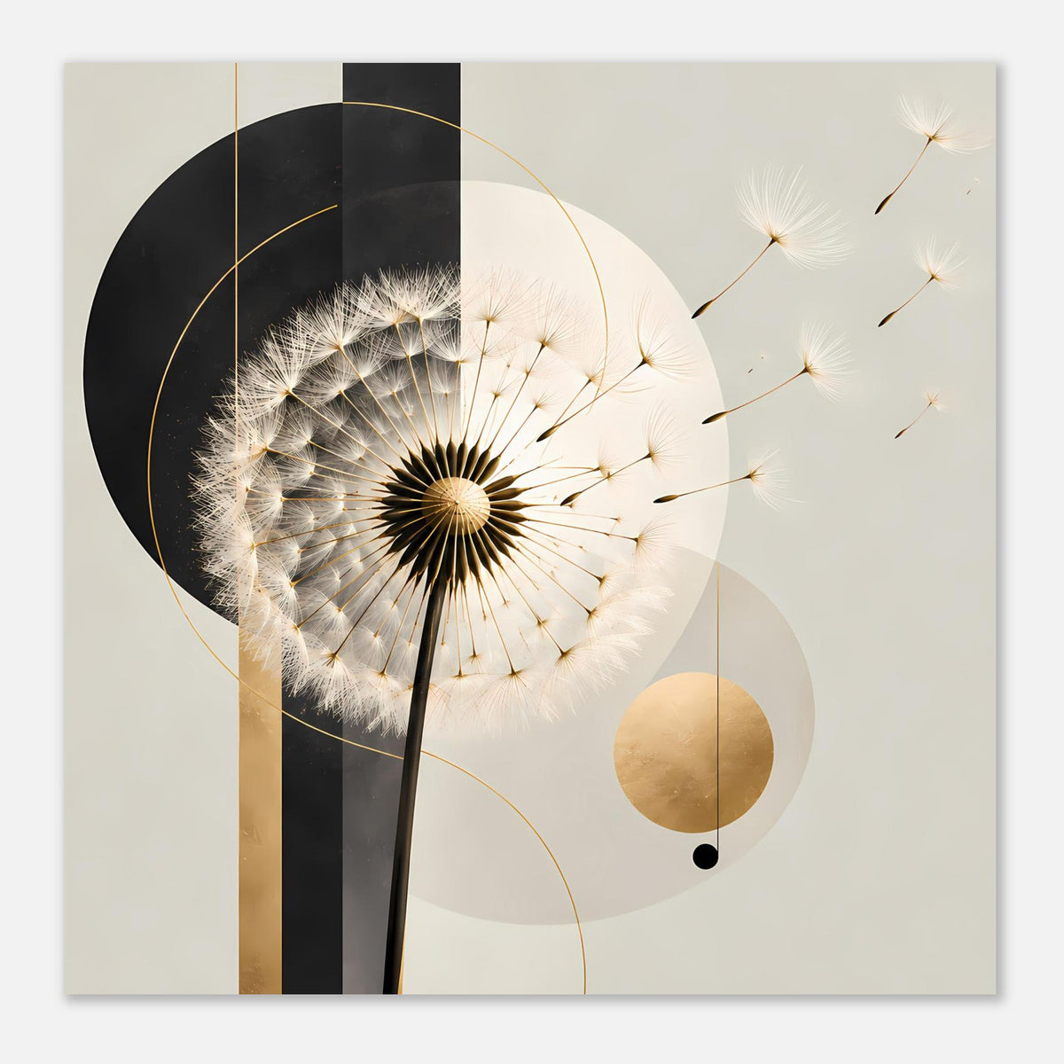 Dandelion-Poster in Großansicht: Pusteblume, goldene Linien, helle Hintergründe