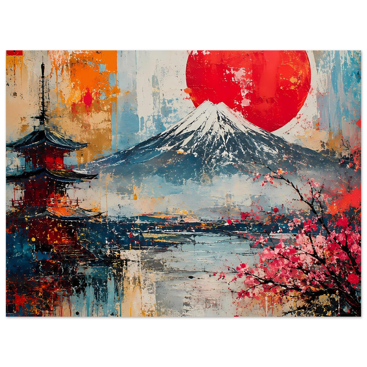 Japanisches Poster (horizontal): Fuji-Berg, roter Kreis und Kirschblütenzweige rechts