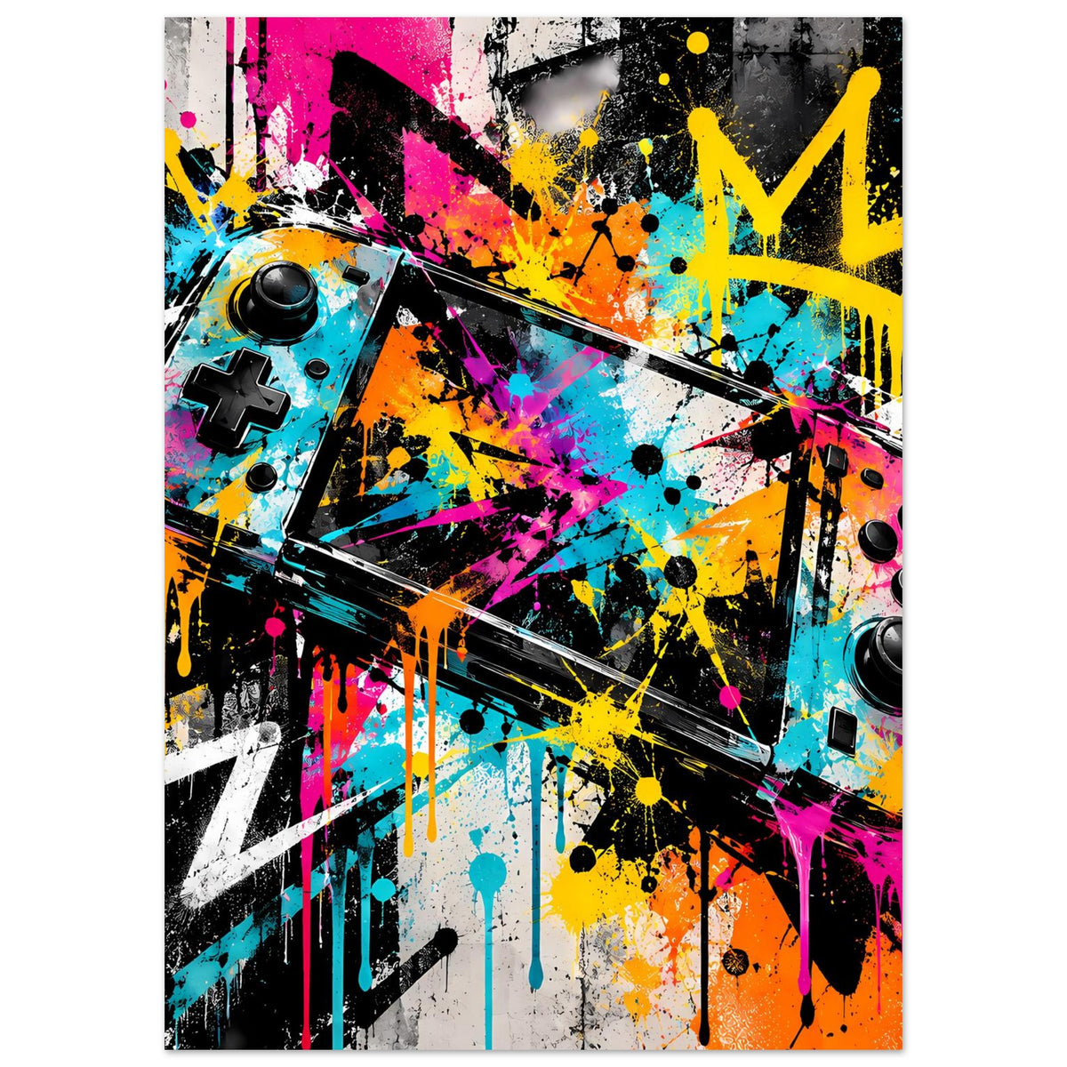 Hochformatiges Gaming-Graffiti-Poster mit Controller-Icons, buntem Spray und Sprenkel-Details