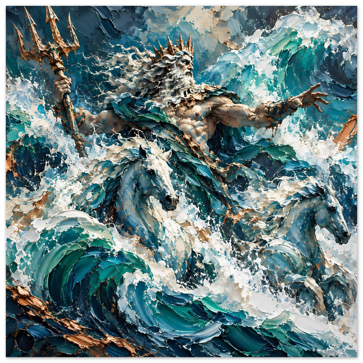 Poster mit Neptun und Dreizack über wogenden, türkisblauen Wellen und weißen Schaumkronen