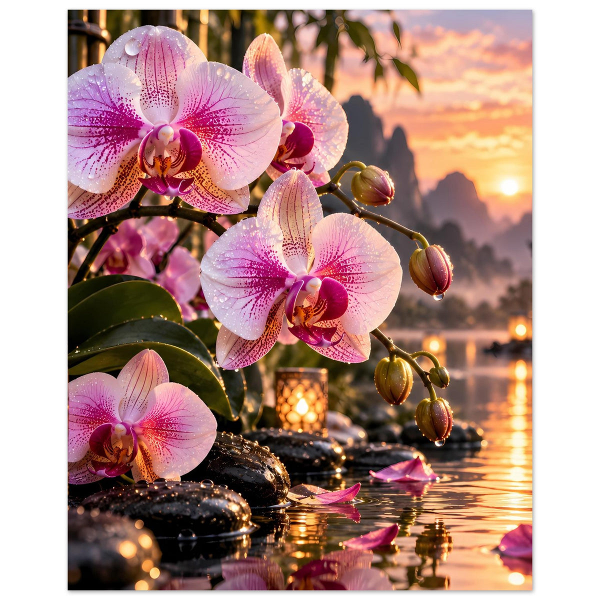 Poster mit rosa Orchideenblüten und goldenem Kerzenlicht am Ufer des Sees