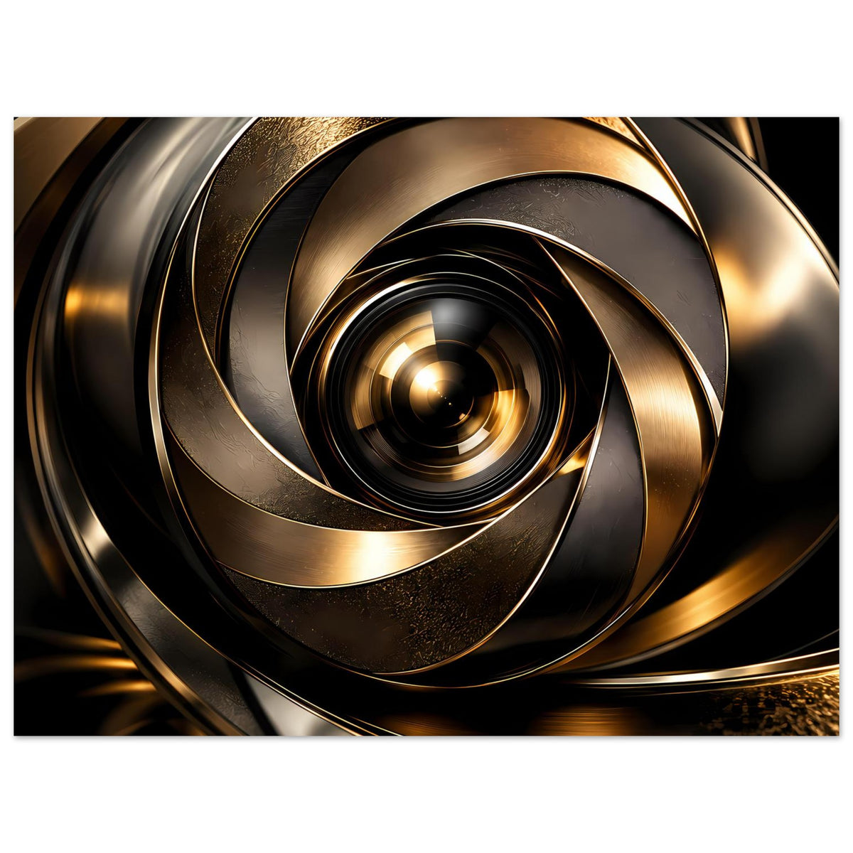Abstraktes Poster mit gold-schimmernder Spiralform, starkes Zoom auf Zentrum