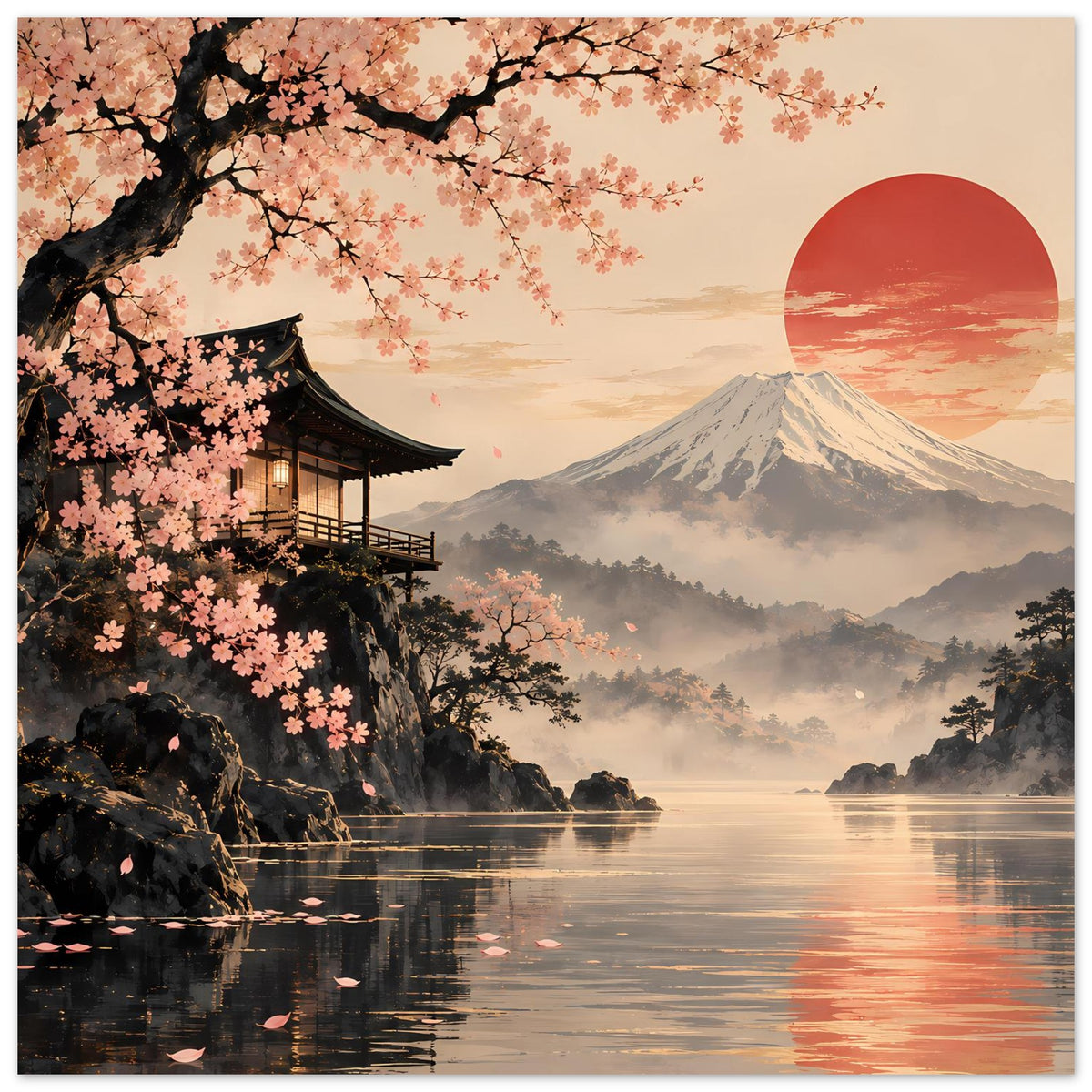 Poster mit Kirschblütenzweigen oben, Pagode links, Fuji-Berg mittig und roter Sonne rechts