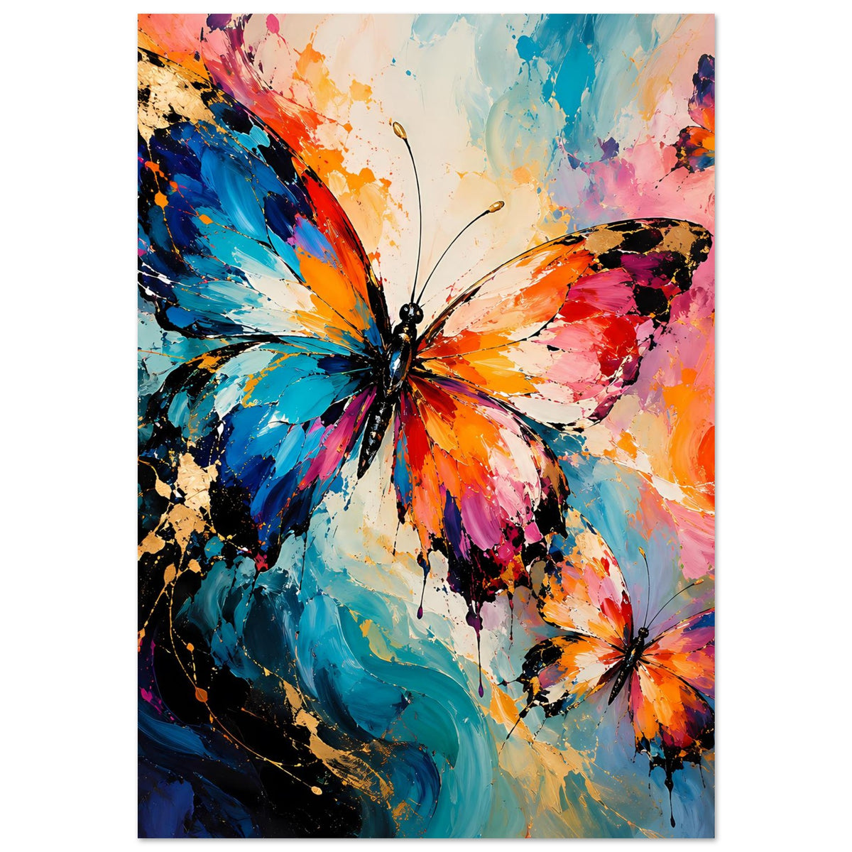Vertikales Schmetterlingsposter mit blau-orangefarbenem Schmetterling und bunten Sprenkeln