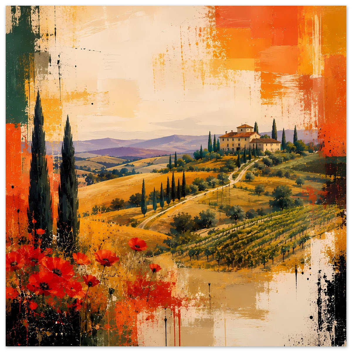 Abstraktes Poster: toskanische Landschaft mit Zypressen und Mohnblumen, Orange/Rot.