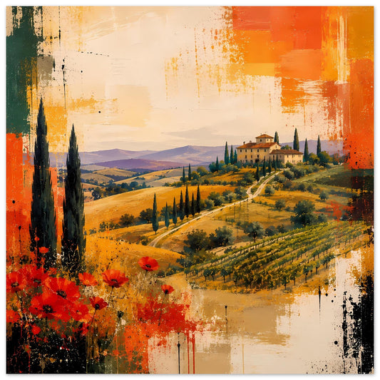 Abstraktes Poster: toskanische Landschaft mit Zypressen und Mohnblumen, Orange/Rot.