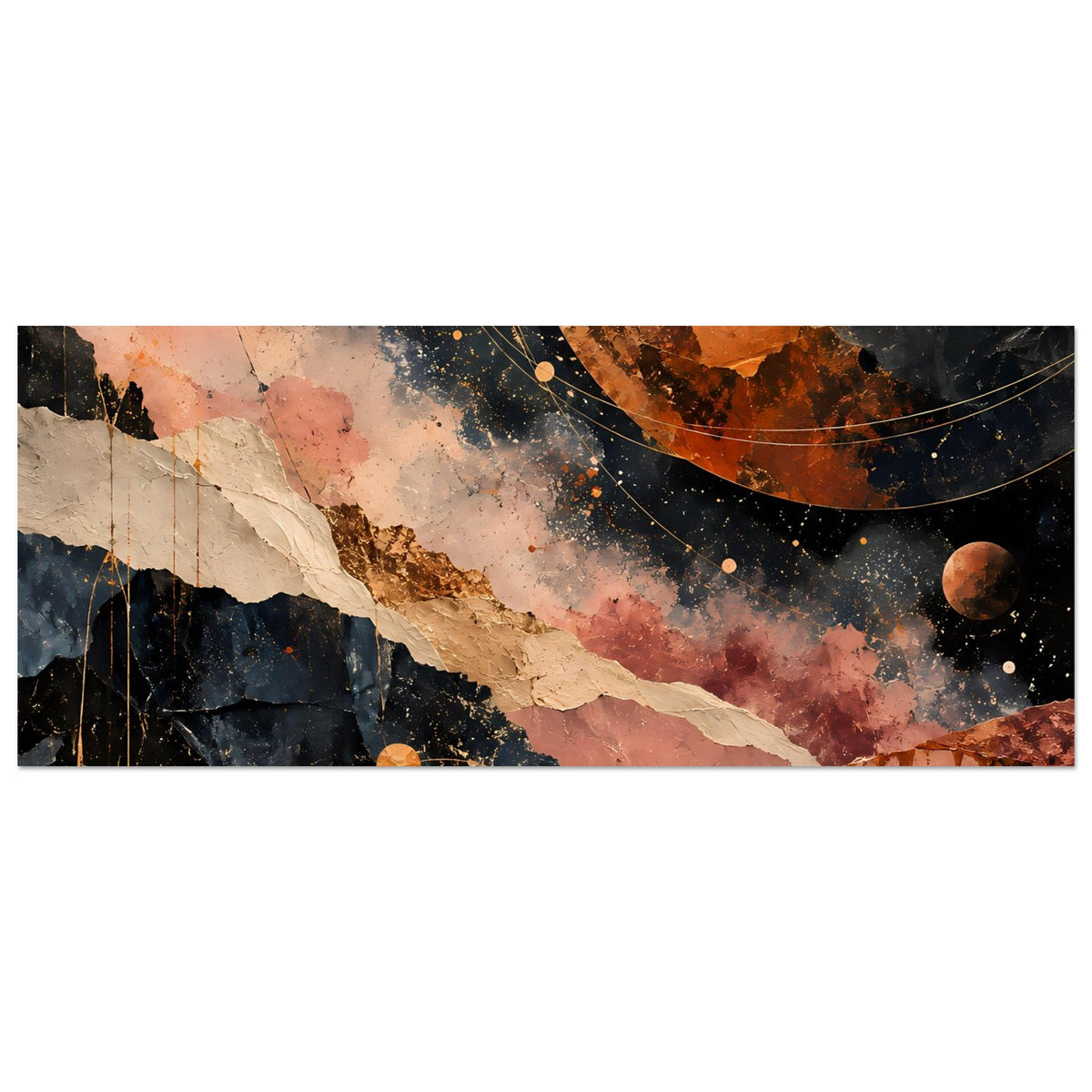 Kosmos-Landschaftsposter in warmen Erdtönen, Panoramablick mit Planeten und Ringen, horizontal