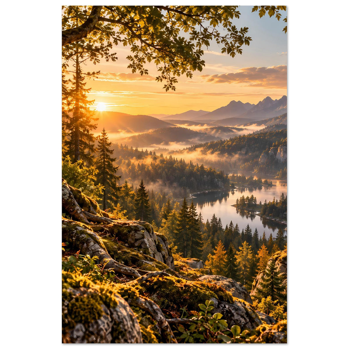 Vertikales Landschaftsposter mit Sonnenaufgang, Tannenwald, Hügeln und ruhigem See