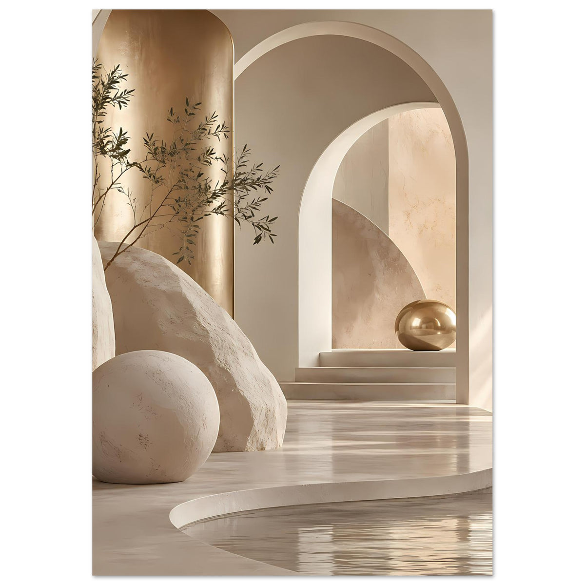 Architekturposter mit warmen Sandtönen und Goldakzenten, Bögen, Pflanzen und Kugellicht