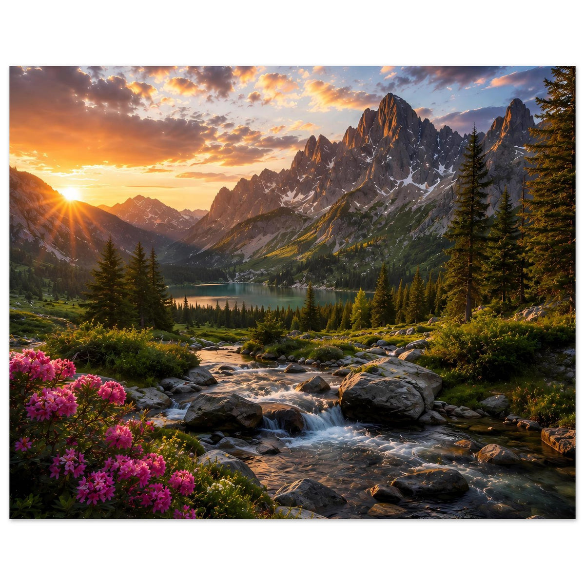 Querformat-Landschaftsposter: Sonnenuntergang, felsige Berge, Bach über Steine, See und Tannen