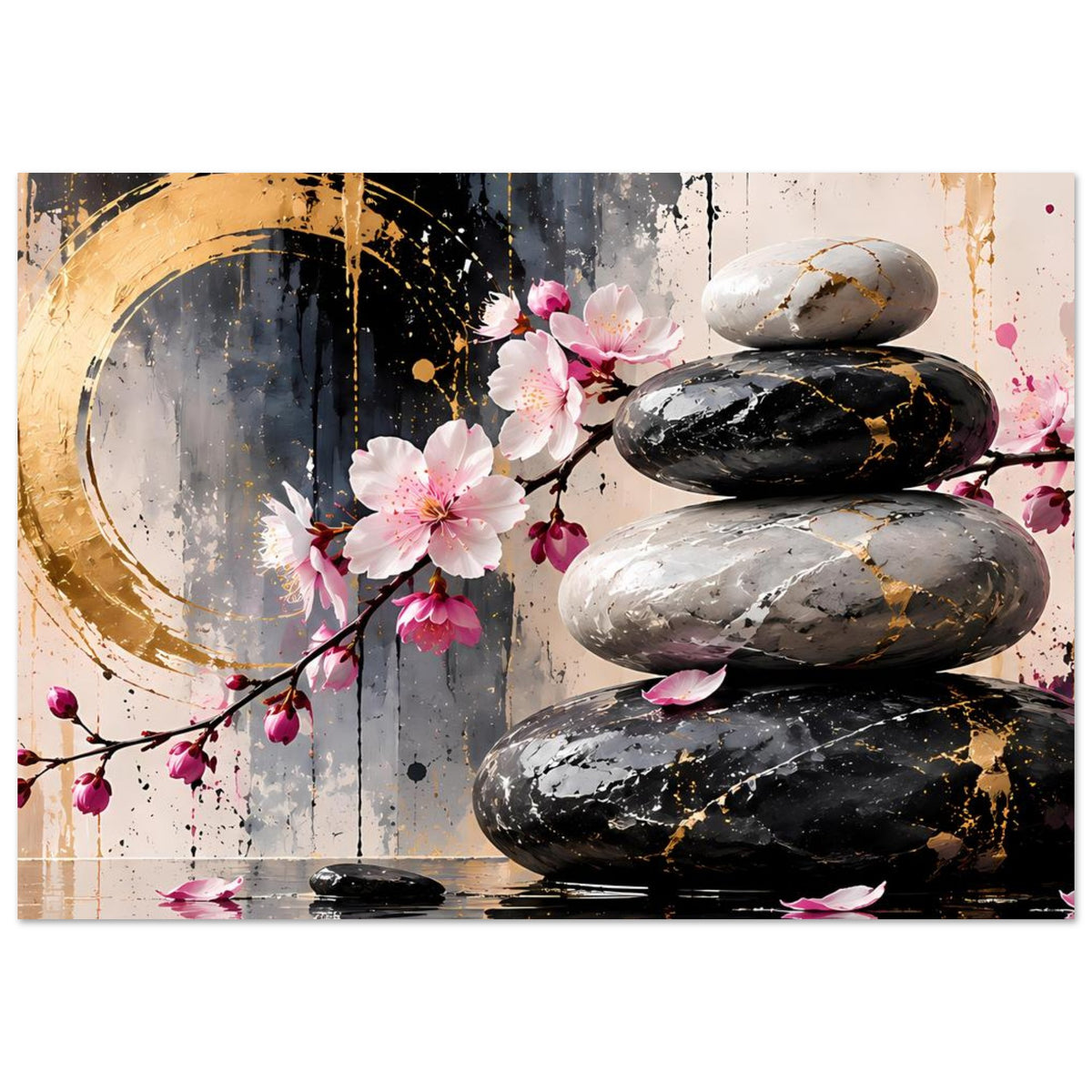 Zen-Poster: Kirschblütenzweige, drei Spa-Steine und goldene Kreiselemente im Design
