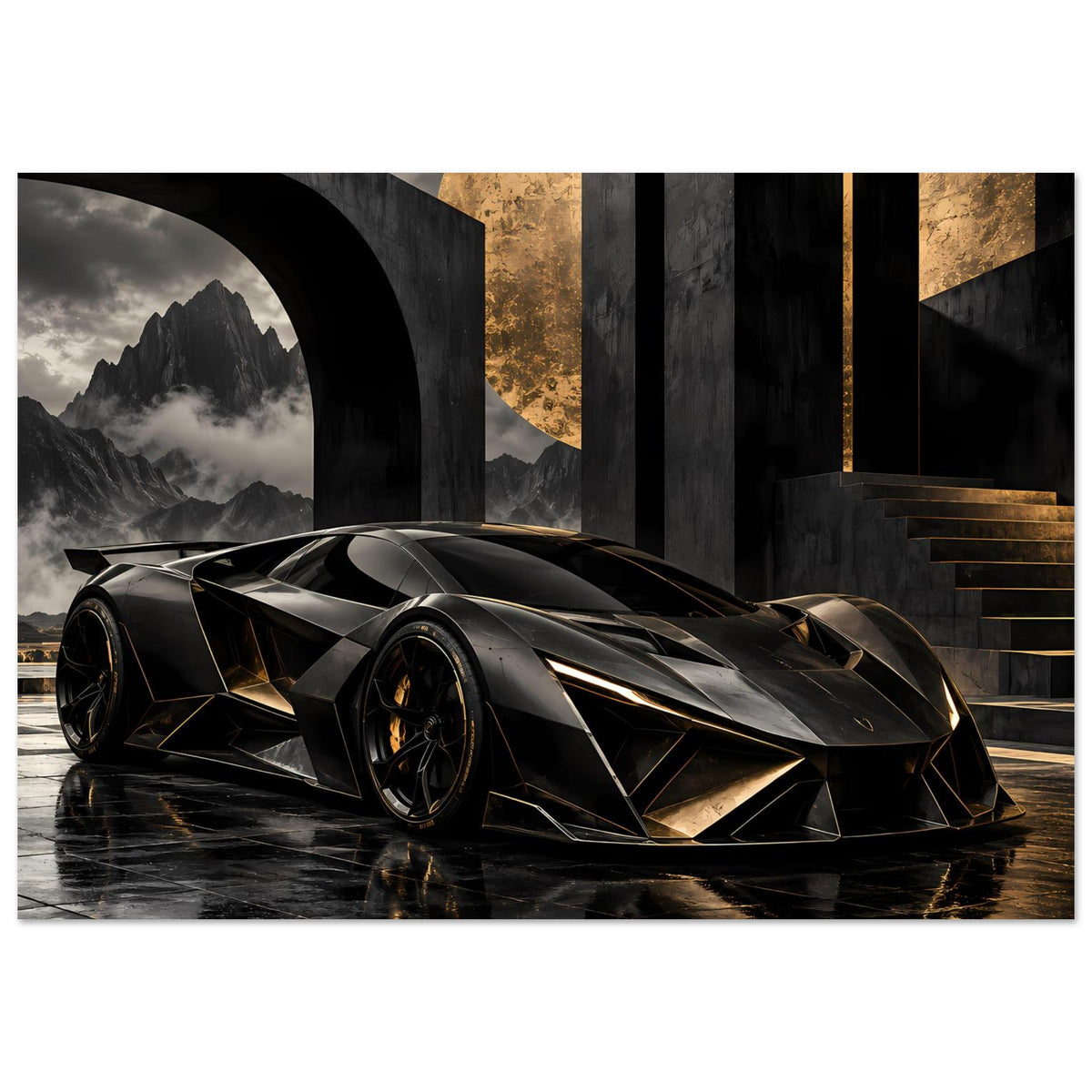 Futuristisches Supersportwagen-Poster: schwarzes Hypercar mit goldenen Akzenten, Front-3/4