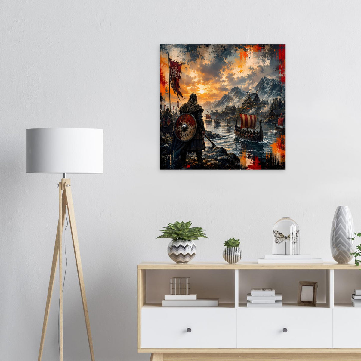 Quadratisches gerahmtes Poster mit Wikinger-Krieger, Schild und Ruderbooten im Sonnenuntergang