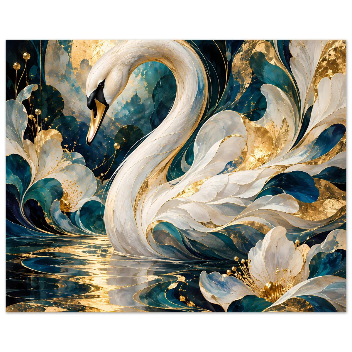 Breites Poster: weißer Schwan über türkis-goldenen Wellen mit weißen Blüten und Glanzpunkten
