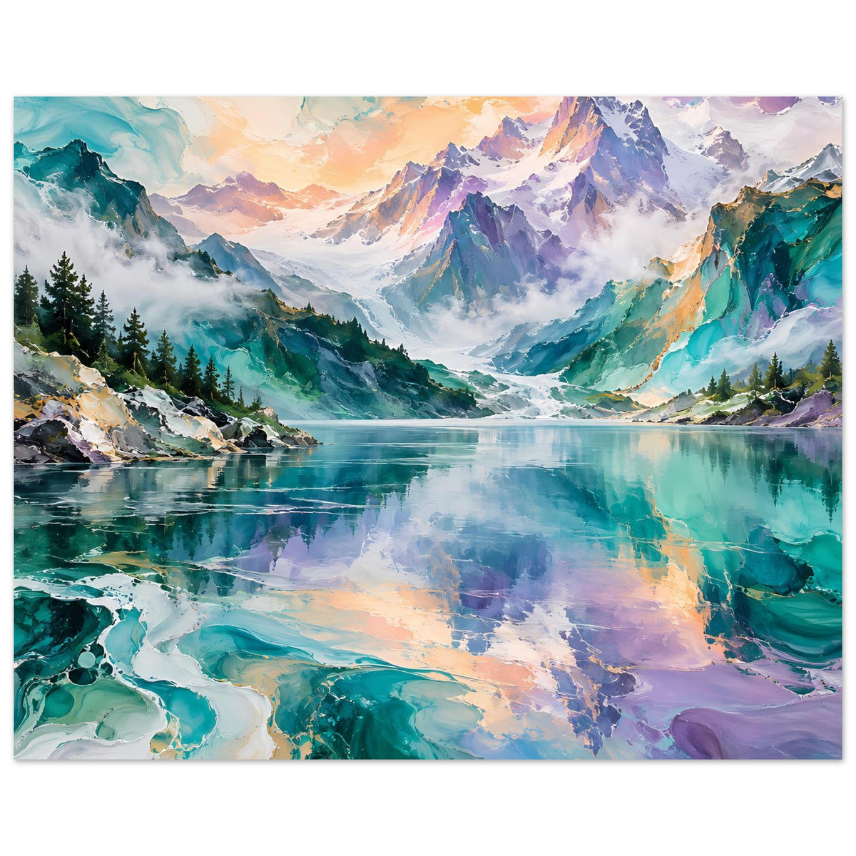 Horizontales Poster mit Bergsee, türkis-grünen Wäldern und violetter Bergkette im Rahmen