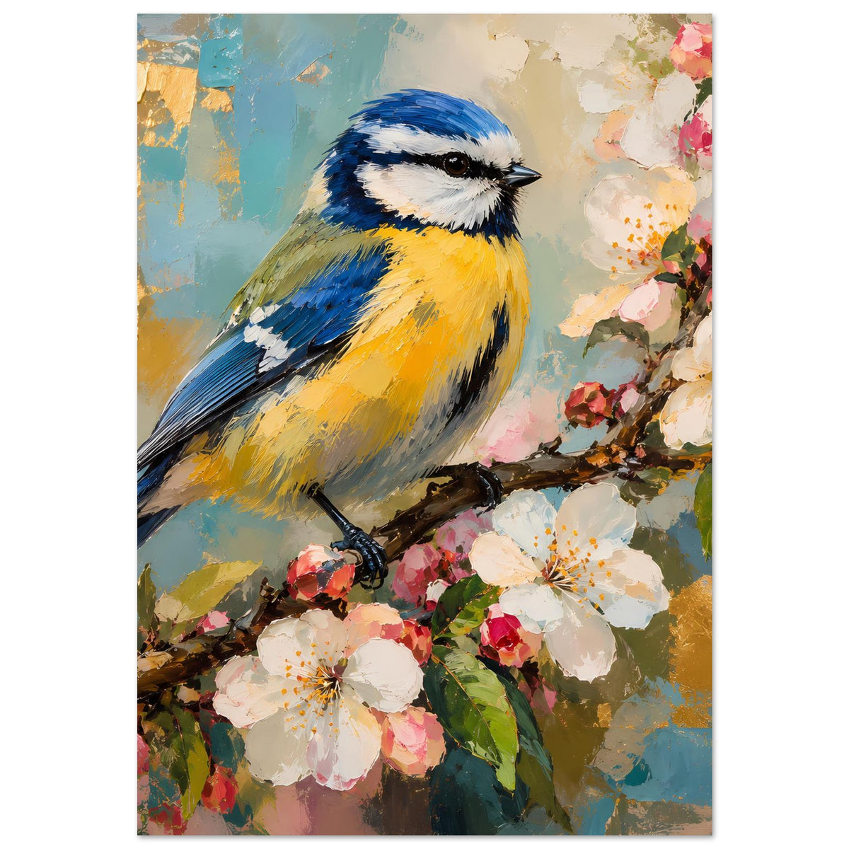 Vogelkunst-Poster mit blauer Kohlmeise im Porträt, darüber Blüten an einem Ast