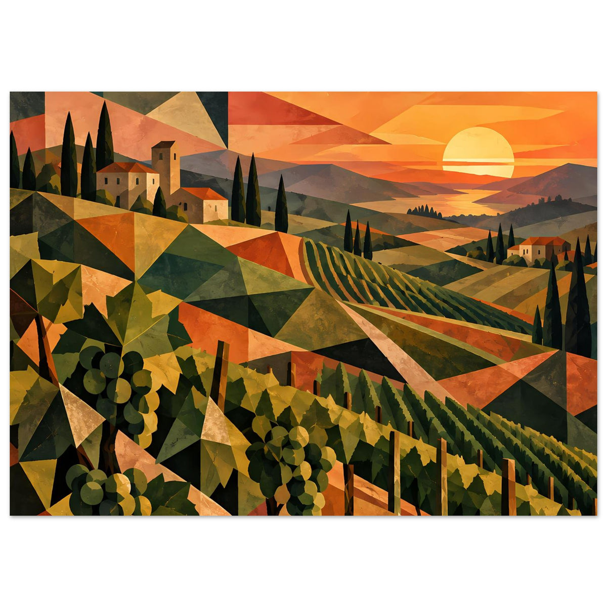 Gerahmtes Poster mit geometrischen Reben und Abendsonne über Hügeln, Panorama