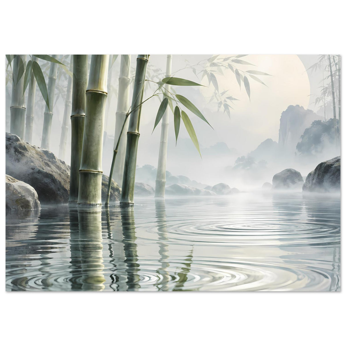 Poster mit Bambus, Felsen am Ufer und Wasseroberfläche mit kreisenden Spiegelmustern