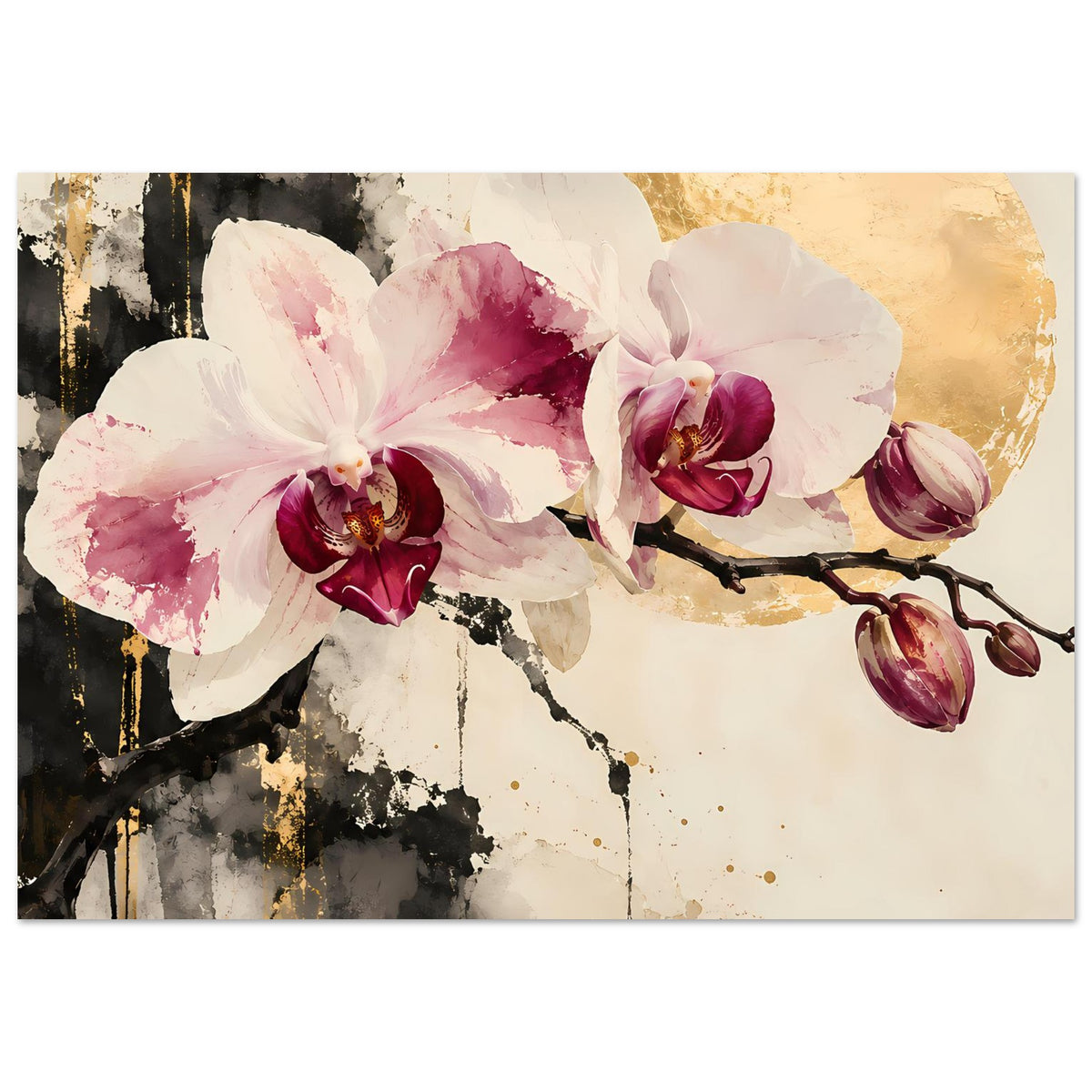 Orchideenblüten-Poster mit drei Hauptblüten, rosa Farbübergängen und goldenen Akzenten