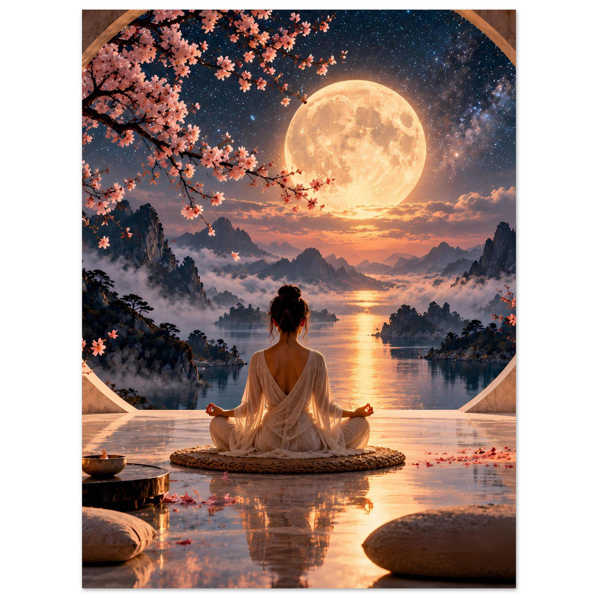 Meditationsposter mit Person im Lotussitz vor Vollmond, Kirschblütenzweig im Vordergrund