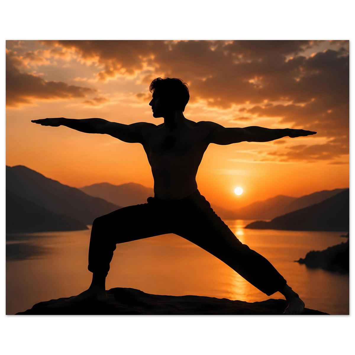Yoga-Poster: Silhouette in Kriegerpose mit ausgestreckten Armen, Querformat