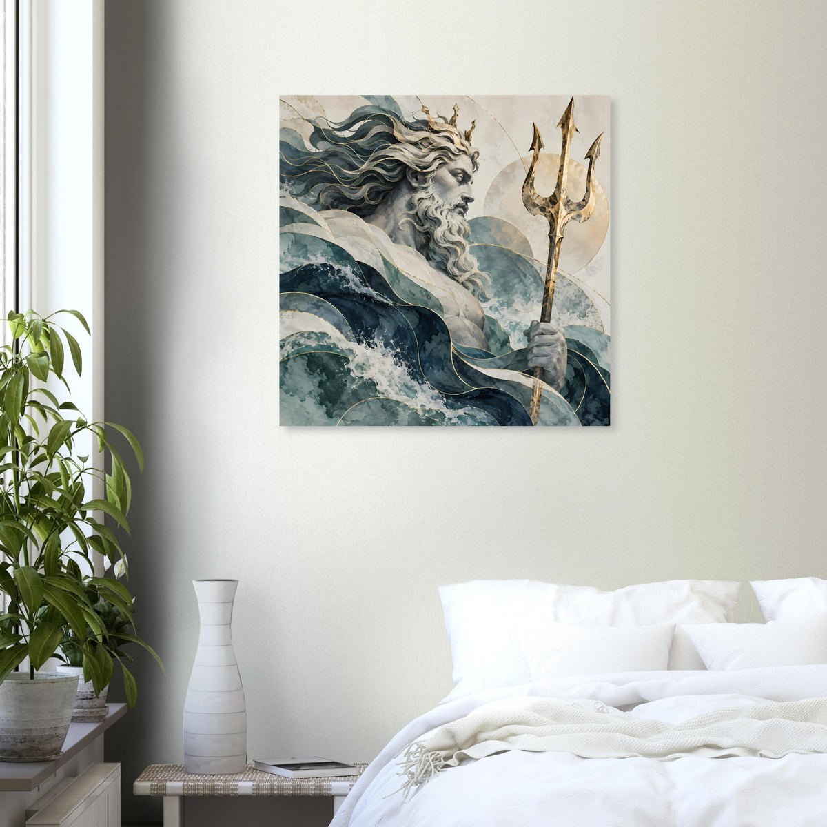 Quadratisches Poster mit Poseidonfigur, wehenden Wellen und goldenem Dreizack