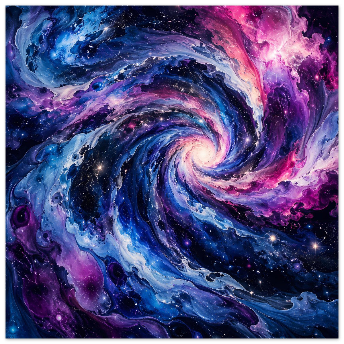 Wandposter mit großem Spiralwirbel im Weltraumstil, blau-violett und viele Sterne