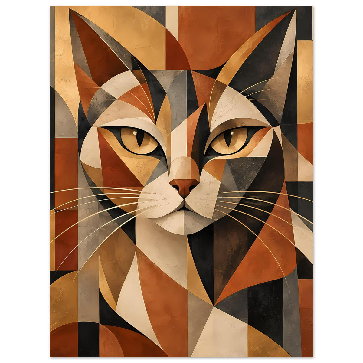 Poster im Hochformat: geometrische Katze mit warmen Erdtönen, kontrastreiche Gesichtspartien