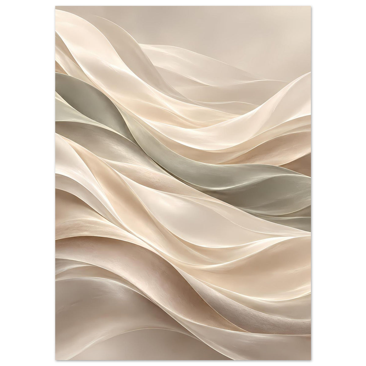 Abstraktes Wellenkunst-Poster, weiche Stofffalten in Creme und Hellgrau