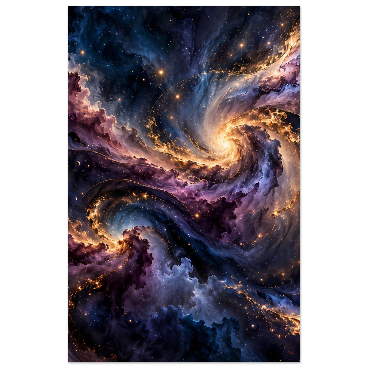 Vertikales Weltraum-Poster: Spiralnebel mit leuchtendem Kern, Staubwolken und Sternenpunkten.