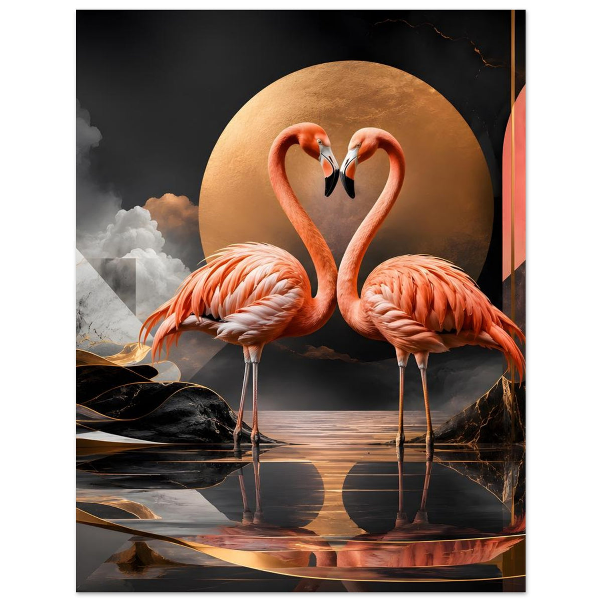 Flamingo-Kunstposter: zwei stehende Flamingos vor goldenem Kreis im dunklen Motiv