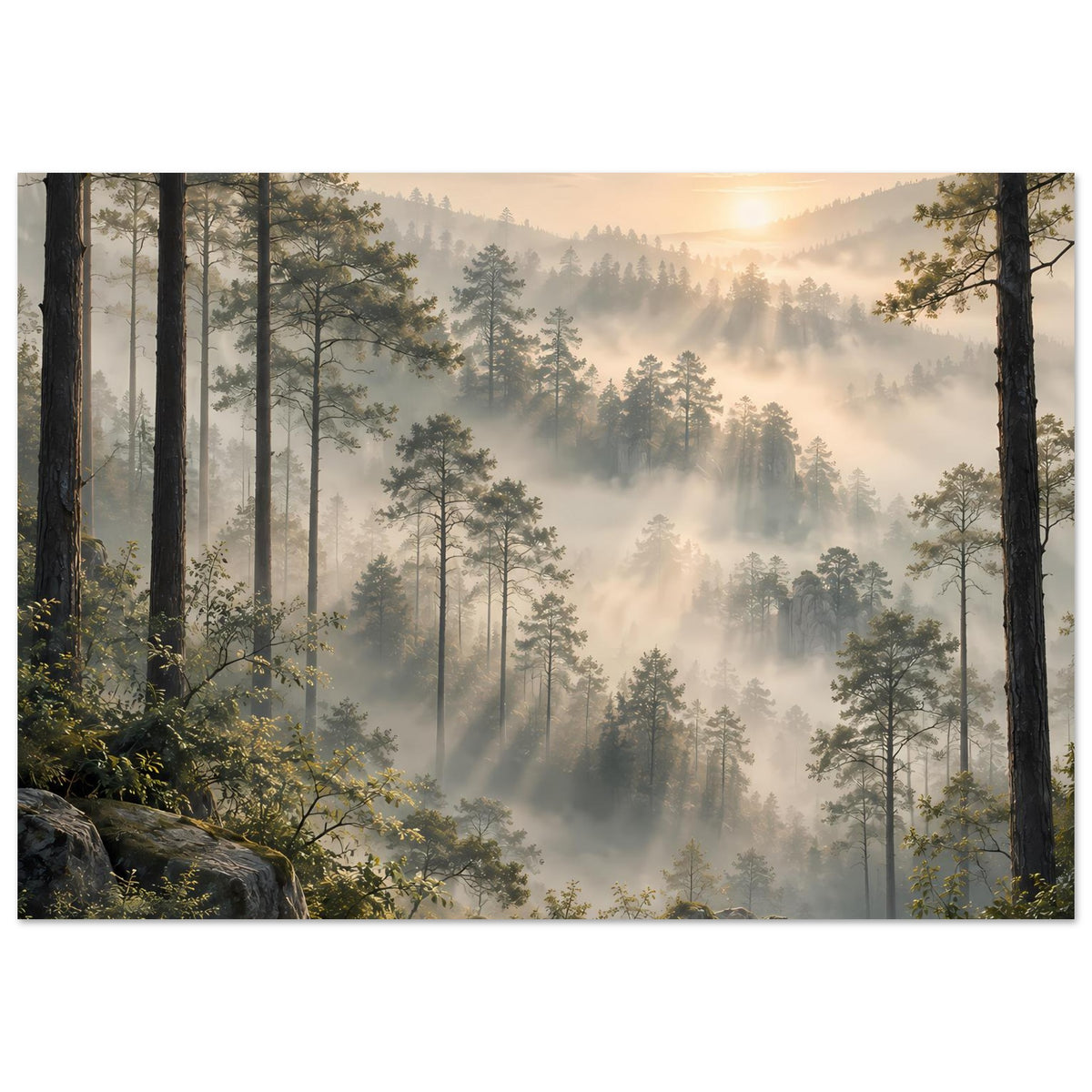 Horizontales Waldlandschafts-Poster mit Sonnenaufgang, Nebelschleiern und Felsen unten