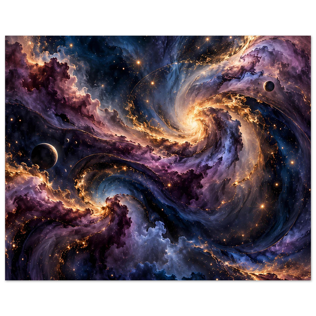 Weltraum-Poster: Spiralnebel im All mit Sternen, leuchtenden Wolken und Planeten