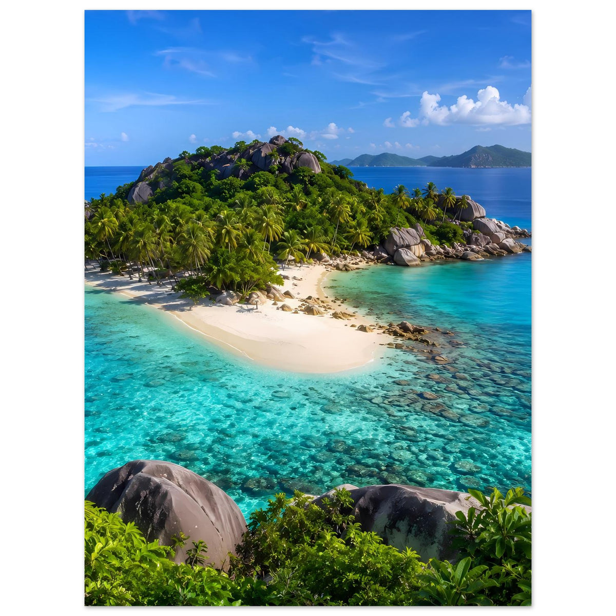 Tropisches Insel-Reiseposter (vertikal) mit türkisfarbenem Wasser, Sandstrand und grünen Palmen