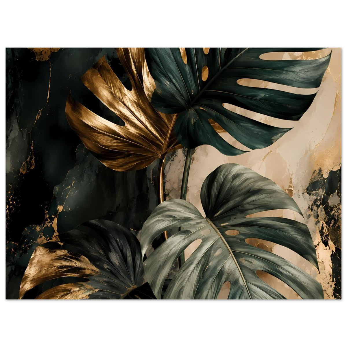 Poster mit Monstera-Blättern in Dunkelgrün und Gold, Panorama-Ausschnitt