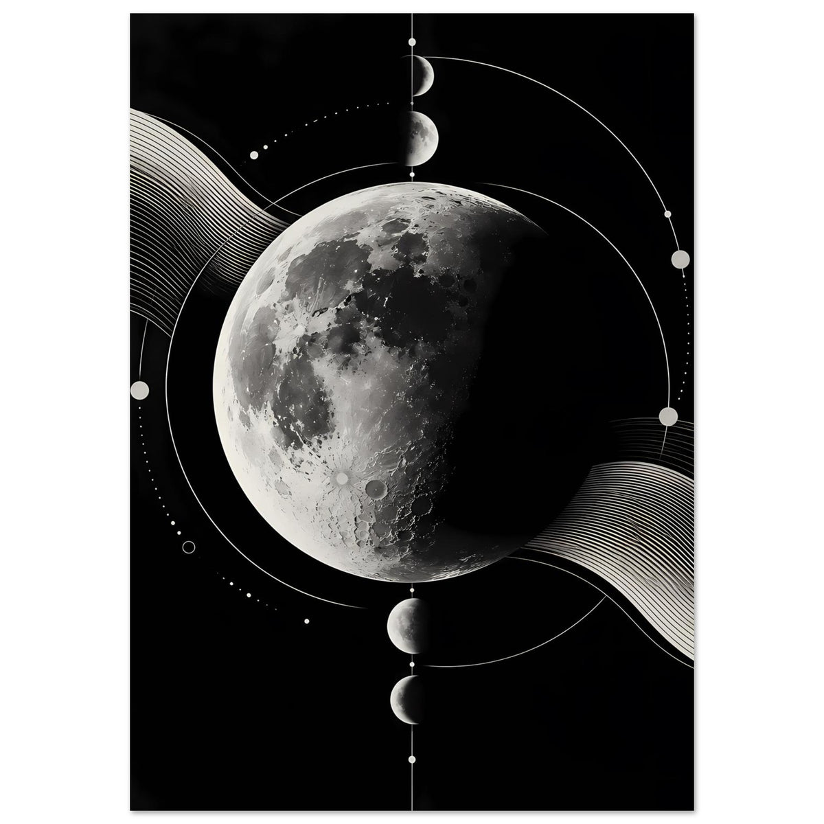 Mondphasen-Poster (hochkant) mit großem Mond und Punktlinien, umrahmt von Kreisformen.