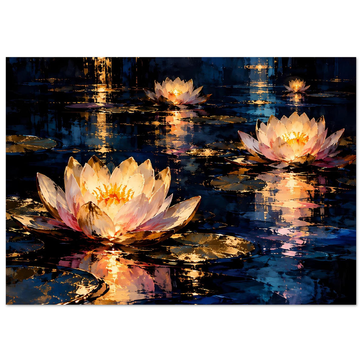 Blumenposter mit leuchtenden Seerosen und goldenen Reflexen auf dunklem Wasser im Blau