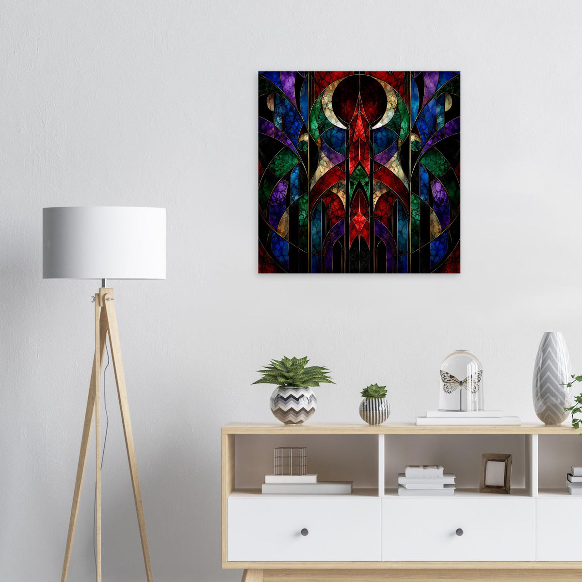 Geometrisches Art-déco-Poster mit buntem Buntglas-Mosaik, hochformatig