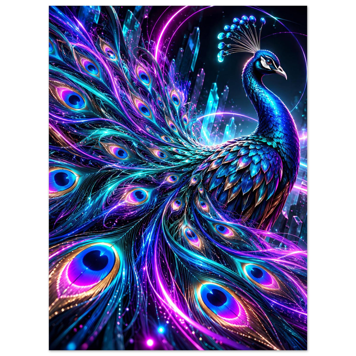 Neonfarbiges Pfau-Poster: blauer Pfau mit leuchtendem Federfächer und Kreismotiv
