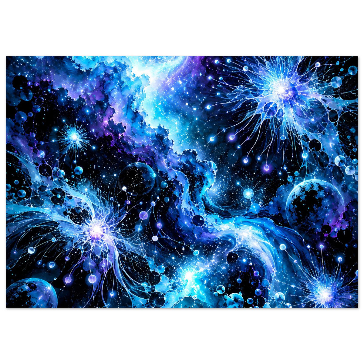 Galaktisches Poster mit leuchtendem Sternnebel, Planeten und funkelnden Verbindungslinien