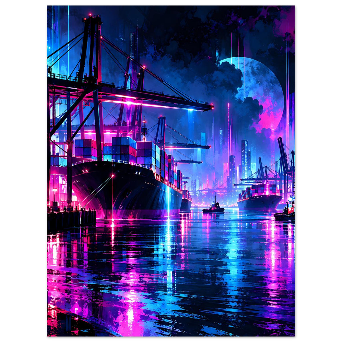Neonhafen-Poster: Containerhafen mit Brücke, Kränen und magenta-blauen Lichtern im Spiegelwasser.