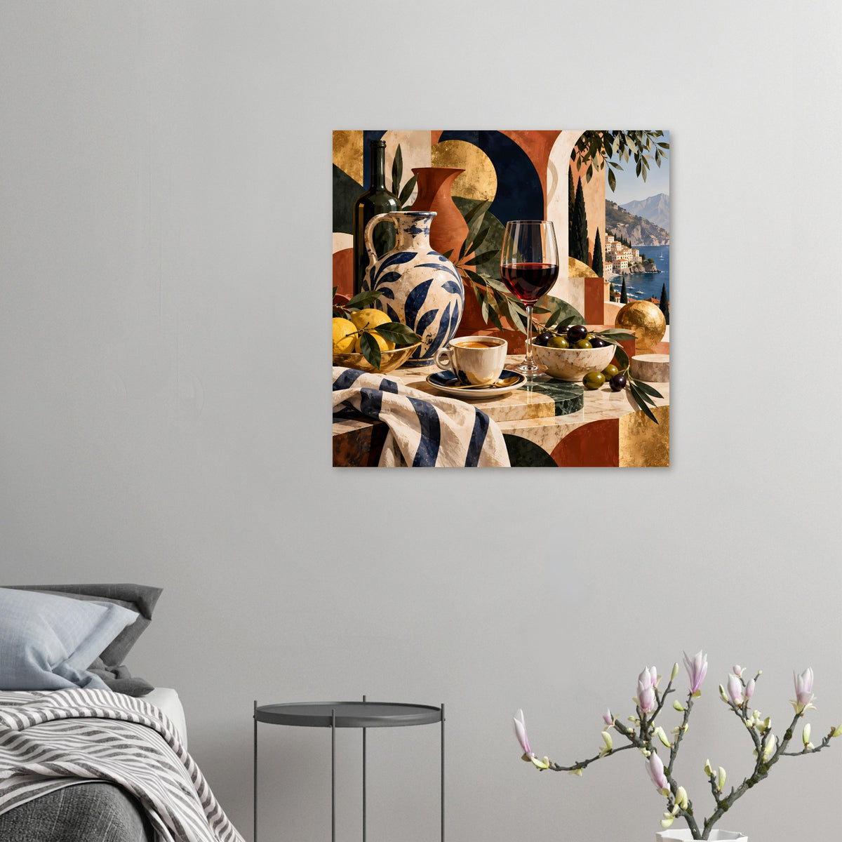 Mediterranes Mini-Poster mit Weinglas, Vase, Tasse und Schüssel voller Oliven