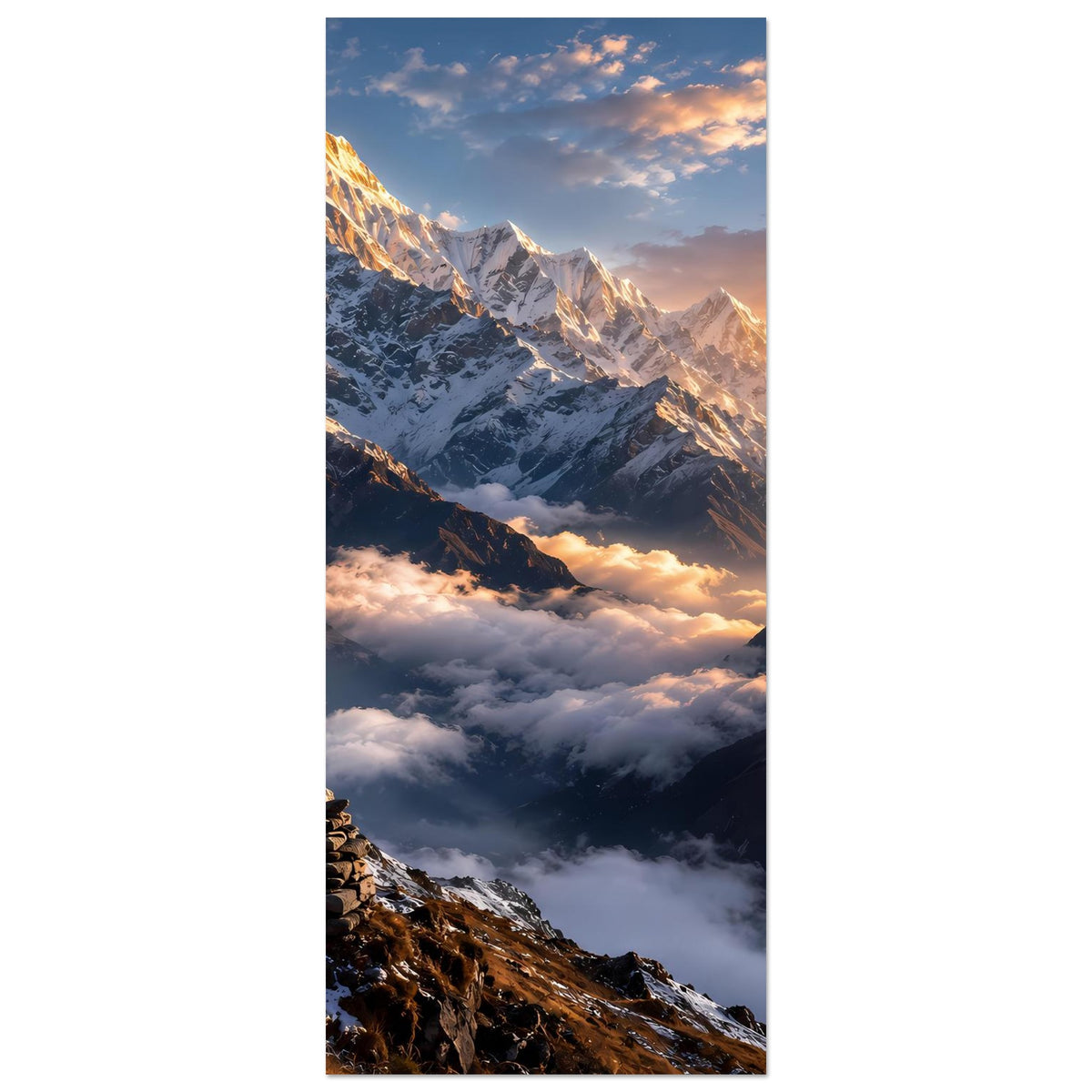 Vertikales Poster: Sonnenaufgang über Himalaya-Bergen, schmale Ansicht mit Wolkenmeer