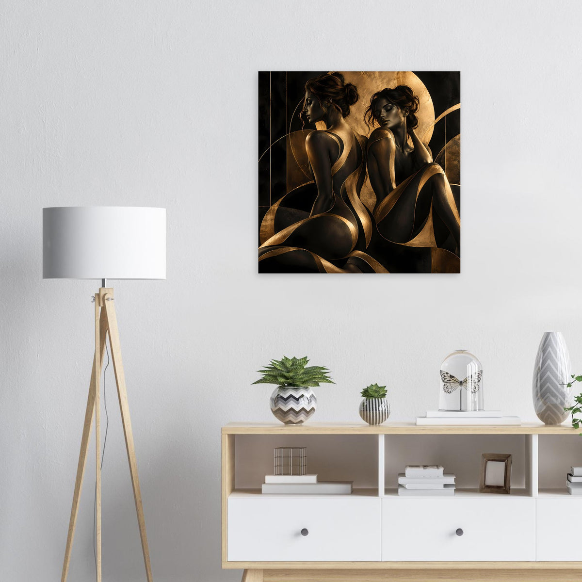 Quadratisches Kunstposter mit zwei Frauenakt-Silhouetten in Schwarz und Gold
