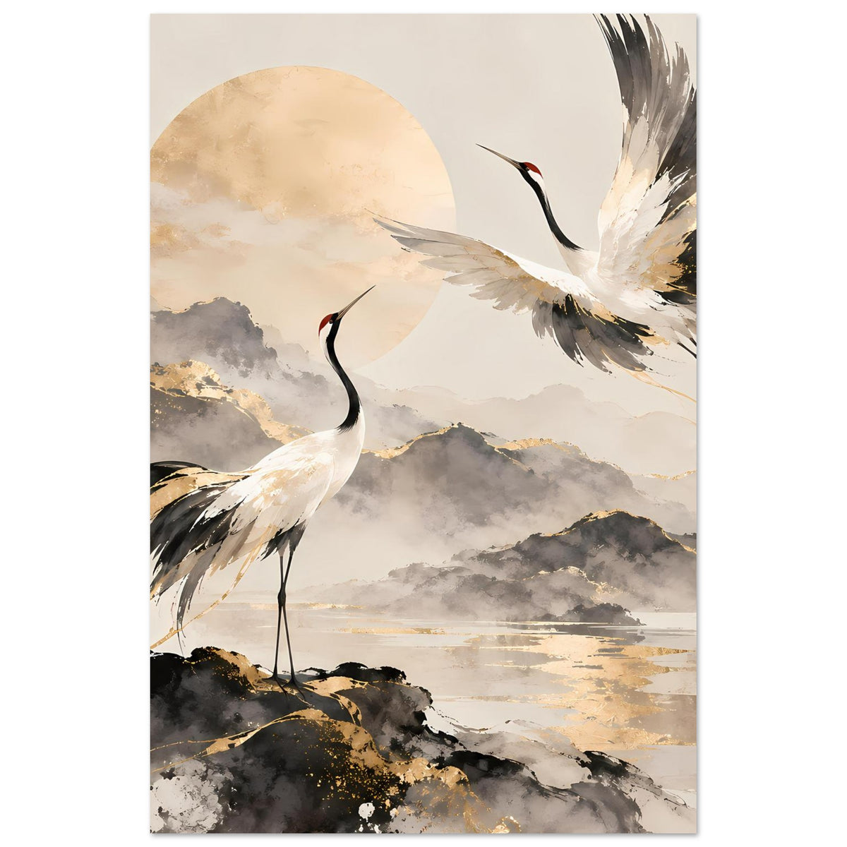 Vertikales Poster mit Kranichen in Gold- und Grautönen, zwei Vögel vor Wolkenlandschaft