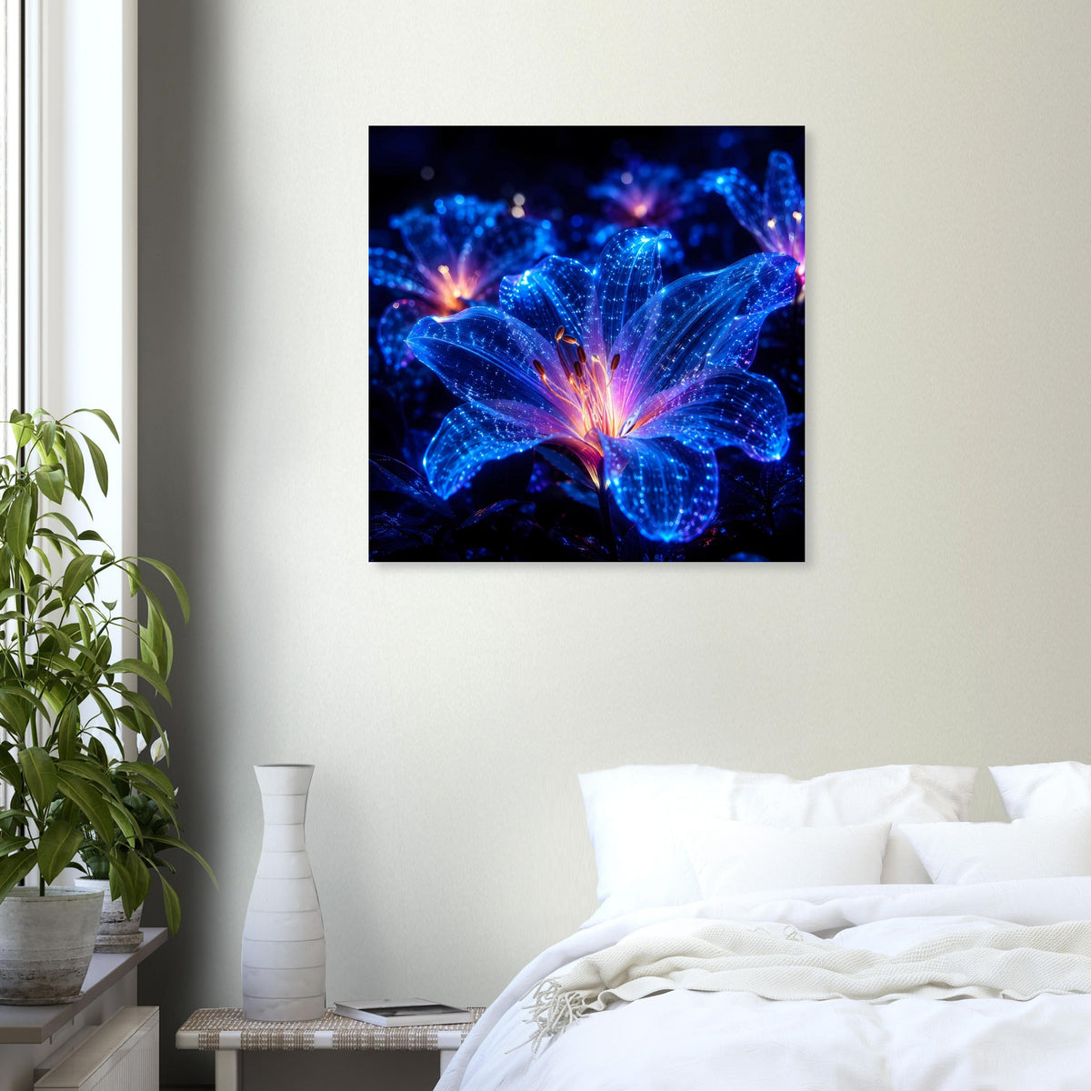 Quadratisches leuchtendes Blumenposter mit intensiv blauen Blüten und farbigen Lichtimpulsen