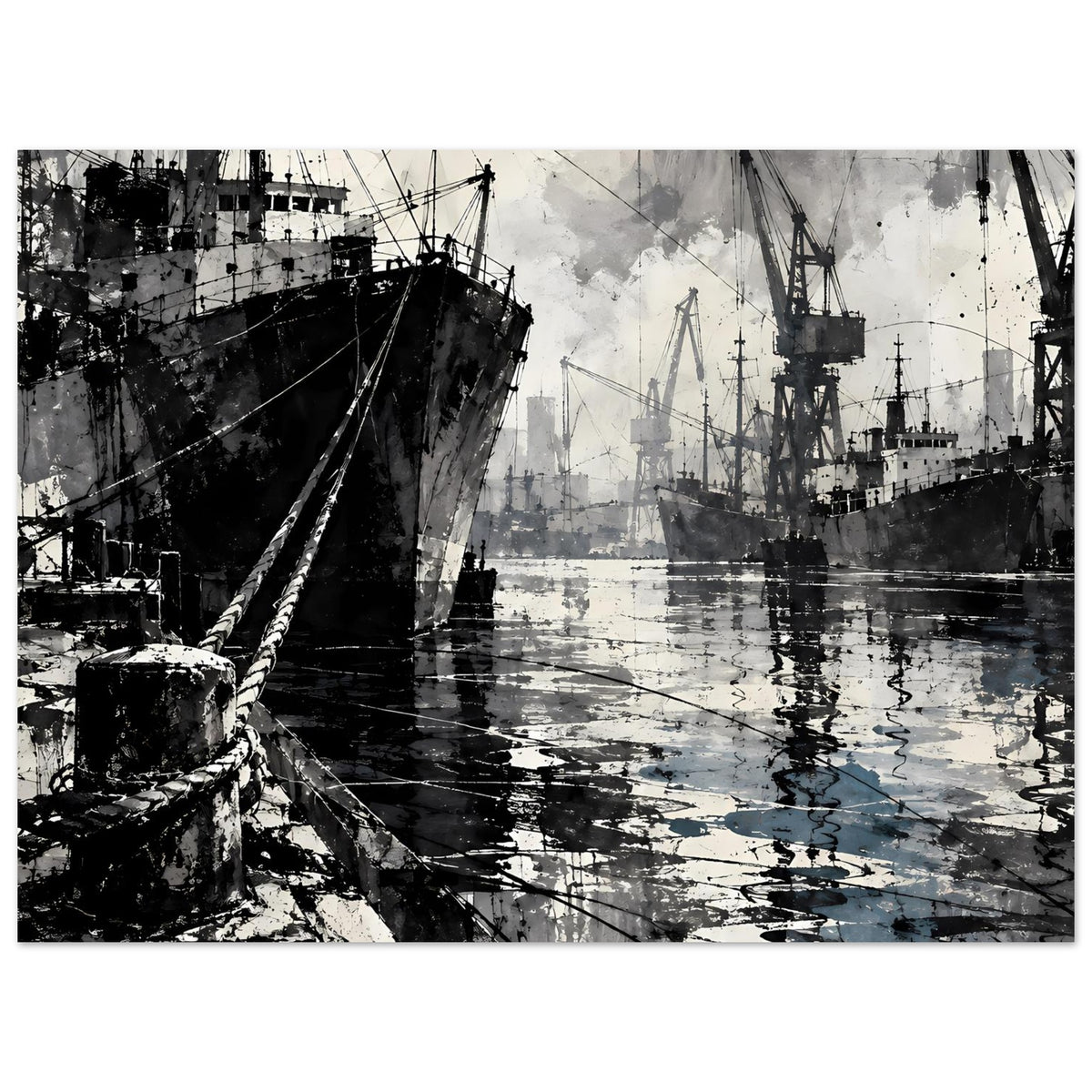 Hafenposter im Querformat mit großem Schiff, Hafenkränen und Spiegelungen im Wasser, schwarz-weiß