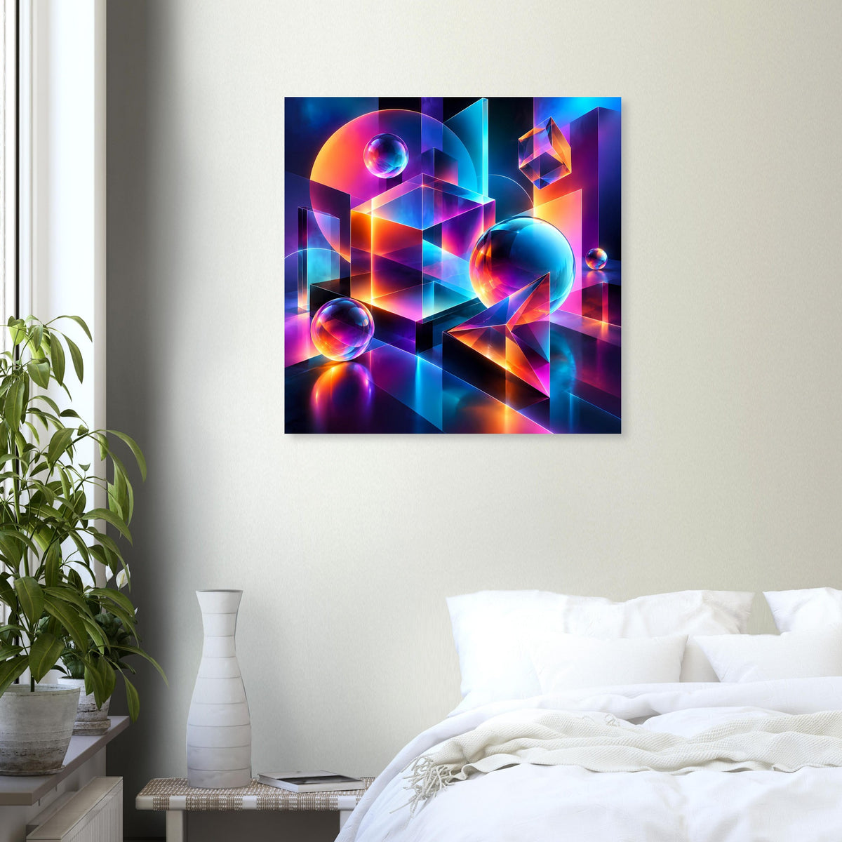 Neon-Geometry-Poster mit abstrakten blauen, lila und orangefarbenen Formen, quadratisch