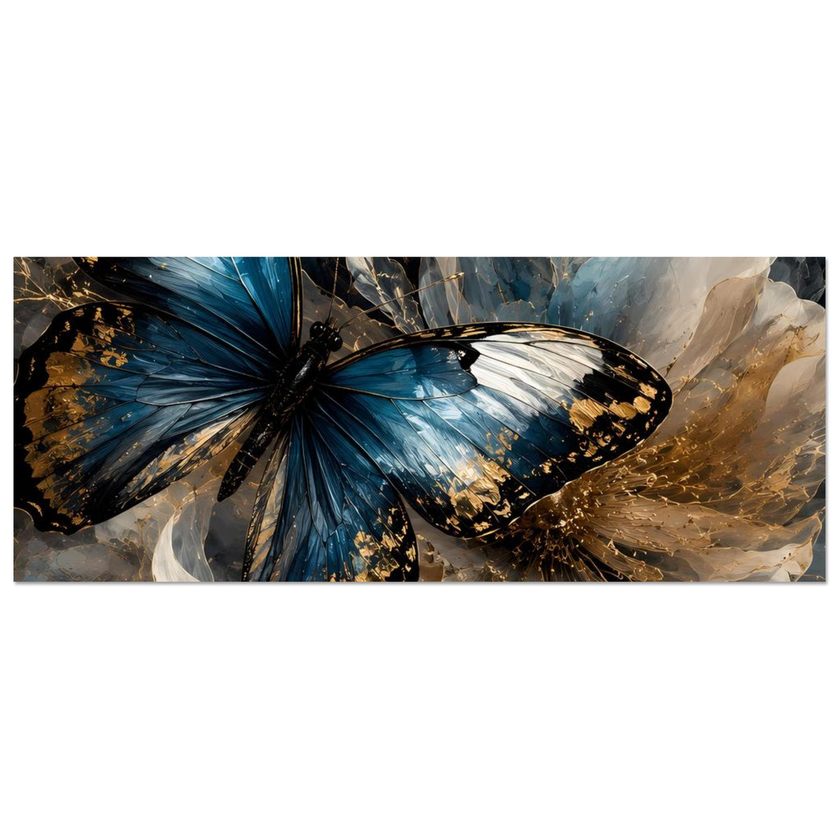 Querformat-Poster mit blauem Schmetterling, weißen Flügeln und goldenen Sprenkeln